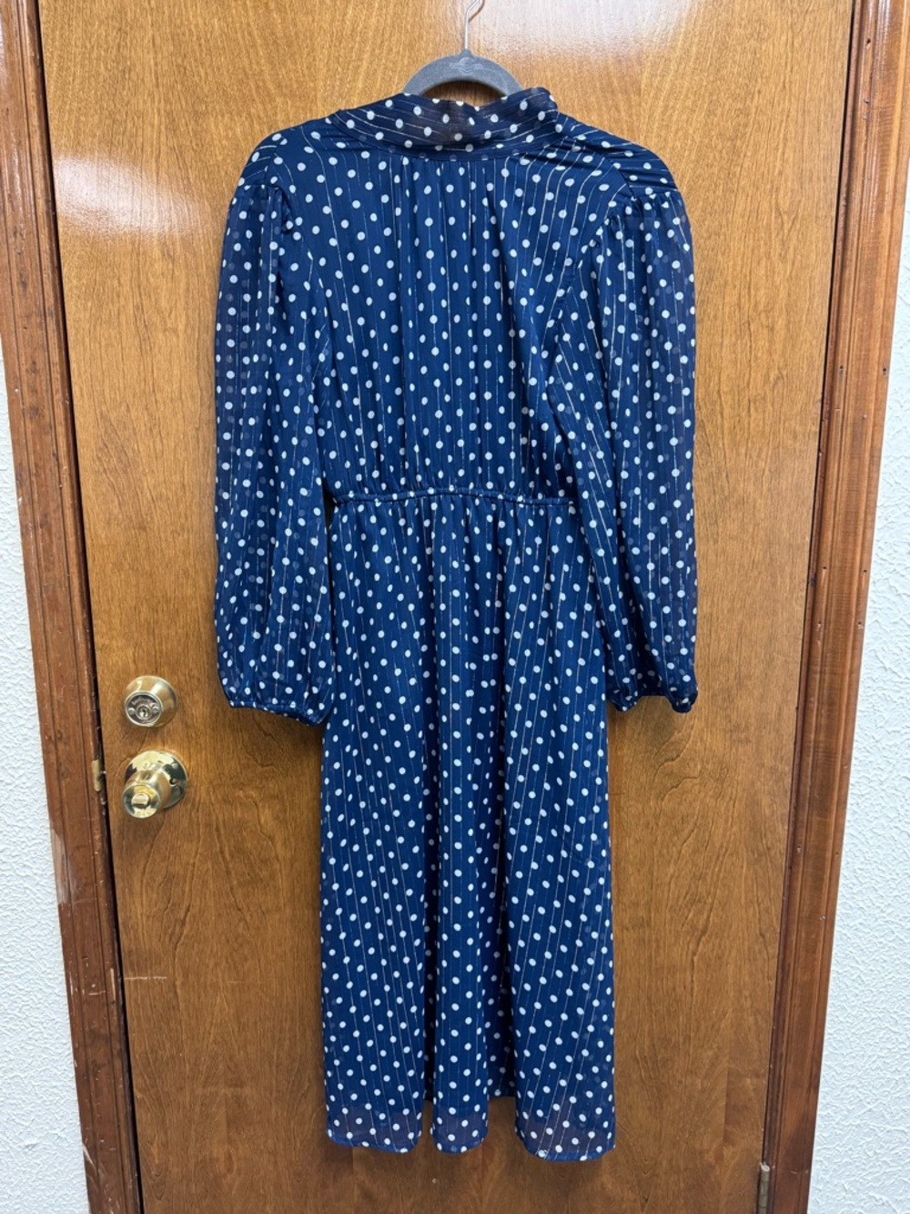 Sfera Navy Polka Dot Maxi Dress -Sheer Sleeves-Keyhole Back- Cinch Waist